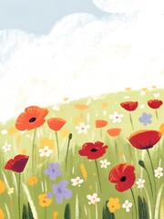 Lush green meadow full of blooming wildflowers with poppies, lavender, and white blossoms. Perfect for children's books, nursery prints, greeting cards, springtime designs, and whimsical projects.