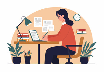 Fototapeta premium Woman Working Home Office Desk Laptop Vector Illustration