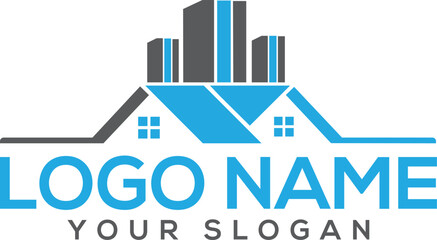 Modern Real Estate Logo with City Skyline and House Elements