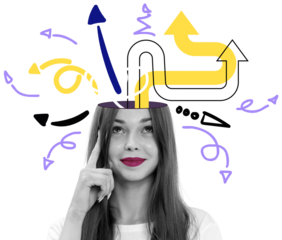 Woman with long hair and bright lipstick thinking, colorful abstract arrows and lines coming from head, white background, concept of creativity and ideas