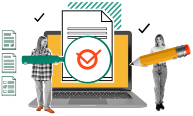 Two women holding oversized highlighter and pencil near a laptop with a checklist document, isolated on white background, symbolizing content editing concept