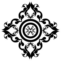 Vintage black mandala design with elegant swirling leaves and damask decorative elements.