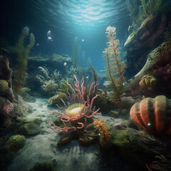 Obraz premium Deep sea bottom world illuminated by surface light, painted nature illustration
