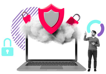 Laptop with cloud smoke, red shield and padlocks, man pointing beside it, collage style on white background, symbolizing data protection and cybersecurity