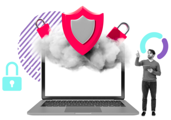 Laptop with cloud smoke, red shield and padlocks, man pointing beside it, collage style on white background, symbolizing data protection and cybersecurity