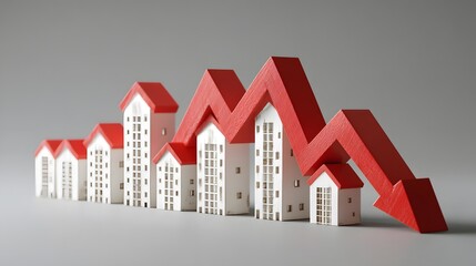A series of miniature houses with red roofs arranged in descending order alongside a large red arrow pointing downwards indicating a decline in real estate market