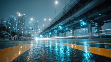 Fototapeta premium Futuristic Highway with Neon Crosswalk, vibrant digital traffic signals illuminate the scene beneath a shimmering holographic sky, showcasing advanced urban design and technology.