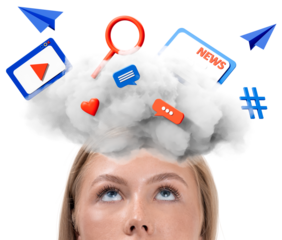 Closeup of woman's face with media icons like chat, heart, video, and news above her head in a cloud, isolated on white background, illustrating digital thoughts