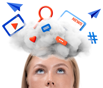 Closeup of woman's face with media icons like chat, heart, video, and news above her head in a cloud, isolated on white background, illustrating digital thoughts