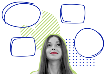 Young woman looking up surrounded by blue speech bubbles and green abstract shapes on clean white background, concept of ideas, thoughts, or creativity