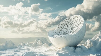 Abstract white bowl floating on icy landscape surrounded by snow and cloudy mountain scenery surreal art scene