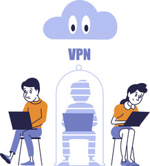 Flat style illustration of VPN protection with hidden user and cloud surveillance concept.
