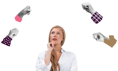 Woman in white shirt looking up thoughtfully, surrounded byand white hands with colorful sleeves on white background, concept of influence and choices