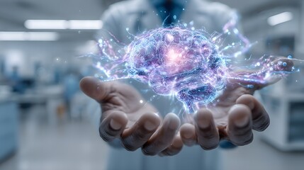 A scientist in a laboratory environment holds a glowing, detailed holographic representation of a human brain with vibrant neural connections