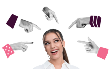 Smiling woman in white shirt surrounded by various pointing hands in collage style on isolated white background, concept of attention, focus, spotlight