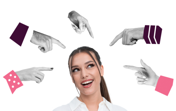 Smiling woman in white shirt surrounded by various pointing hands in collage style on isolated white background, concept of attention, focus, spotlight