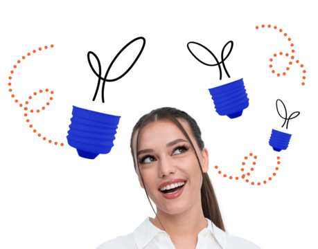 Happy woman smiling and looking up at stylized blue light bulbs with dotted orange lines andstrokes on white background, symbol of inspiration and ideas