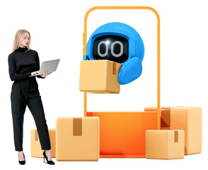 Woman inoutfit with laptop near blue robot holding box, surrounded by parcels, isolated on white background. Concept of smart delivery system