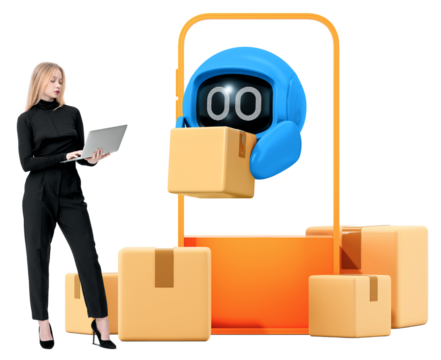 Woman inoutfit with laptop near blue robot holding box, surrounded by parcels, isolated on white background. Concept of smart delivery system