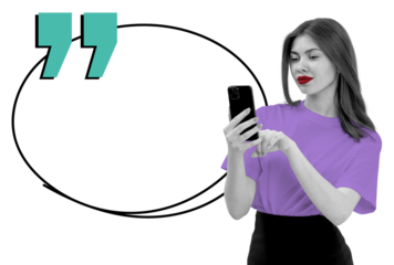 Woman holding phone and pointing at screen with quote bubble beside her, minimal graphic style, isolated on white background, communication concept