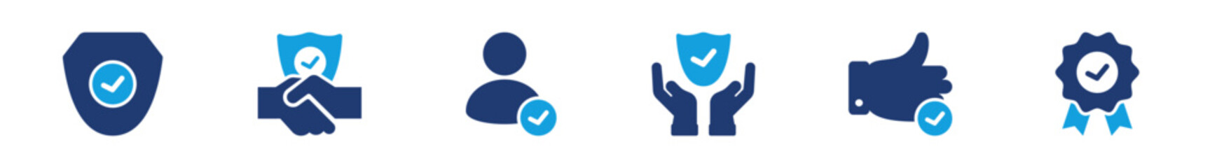 Trusted icon collection showing shield, badge, approval, and verified identity with checkmark symbols in flat solid style