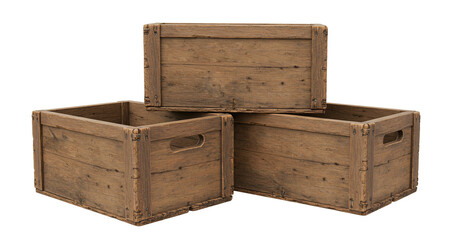 Rustic wooden crates stacked containers storage boxes for organization isolated on a transparent background. Empty wooden crate png. 