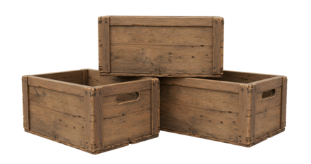 Rustic wooden crates stacked containers storage boxes for organization isolated on a transparent background. Empty wooden crate png. 