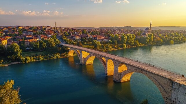 Sunset over the Majestic Stone Bridge of Edirne, Turkey