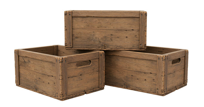 Rustic wooden crates stacked containers storage boxes for organization isolated on a transparent background. Empty wooden crate png. 