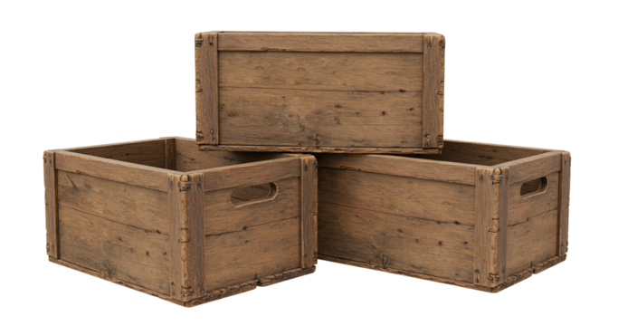 Rustic wooden crates stacked containers storage boxes for organization isolated on a transparent background. Empty wooden crate png. 