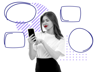 Closeup of woman using smartphone, isolated on white background with abstract speech bubbles and geometric elements, concept of communication