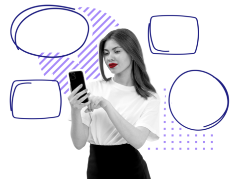 Closeup of woman using smartphone, isolated on white background with abstract speech bubbles and geometric elements, concept of communication