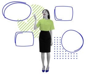 Woman in green top andskirt gesturing near abstract speech bubbles in blue line style with green shapes on white background, collage concept