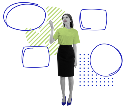 Woman in green top andskirt gesturing near abstract speech bubbles in blue line style with green shapes on white background, collage concept