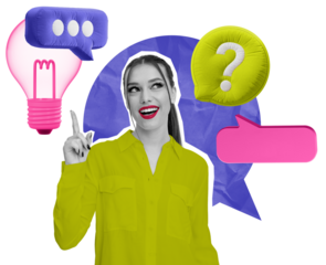 Collage of woman pointing upward with speech bubbles and pink light bulb in colorful artistic style on isolated white background, symbolizing creativity