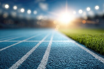 Running track at stadium under bright lights.  Blending of blue track with green grass border.  Focus on the track's surface