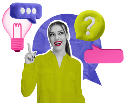 Collage of woman pointing upward with speech bubbles and pink light bulb in colorful artistic style on isolated white background, symbolizing creativity
