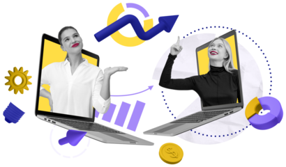 Two women emerging from laptops with expressive gestures, surrounded by colorful abstract business elements on white background, symbolizing teamwork and data