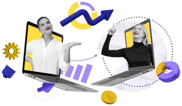 Two women emerging from laptops with expressive gestures, surrounded by colorful abstract business elements on white background, symbolizing teamwork and data