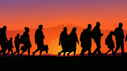 Fototapeta premium Silhouettes of world migrants at sunset with distant city skyline back