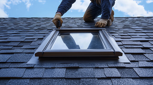 Worker Installing a Skylight on a Roof