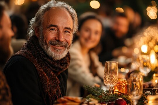 Festive Gathering of Extended Family Sharing Laughter and Stories During a Joyful Meal in a Cozy Setting, Inviting Warmth and Connection - Powered by Adobe