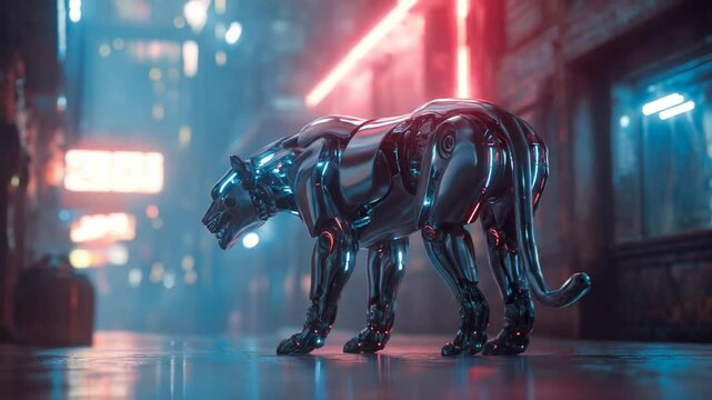 Futuristic metallic panther in a neon cityscape