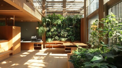 Fototapeta premium Sunlit interior with wooden furniture and a vibrant green wall.