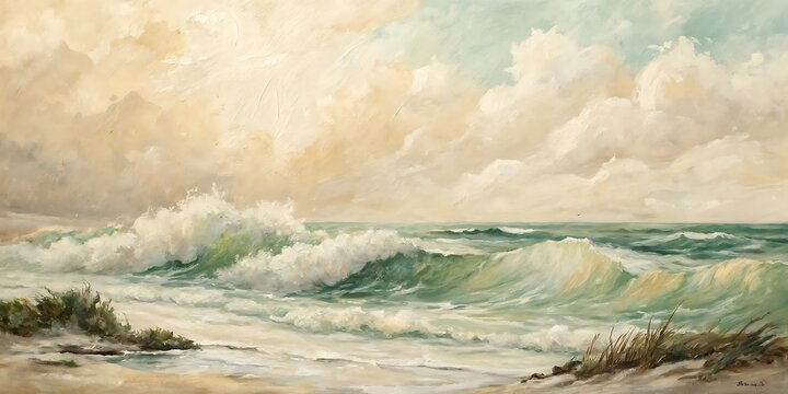 Beautiful oil painting of a dramatic seascape depicting crashing waves and clouds