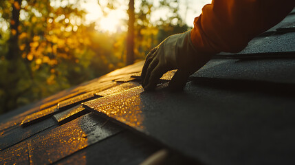 Hand Installing Roof Shingles at Sunset
