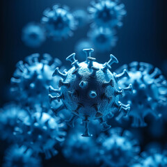 Blue COVID-19 molecules viewed under a high-res electron microscope