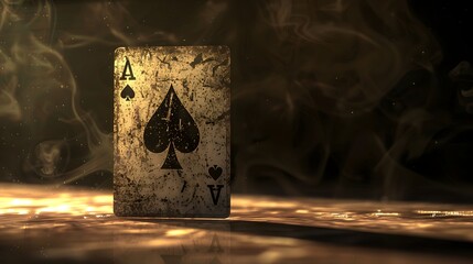 Ace of Spades Focus: A single ace of spades card standing upright, with a dark, mysterious background and spotlight effect. 
