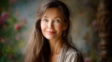 Naklejka premium A serene woman with long brown hair wearing a light sweater and earrings stands in front of a vibrant floral background with soft lighting