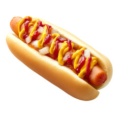 A delicious and appetizing hot dog, ready to be eaten. Topped with mustard, ketchup, and chopped onions